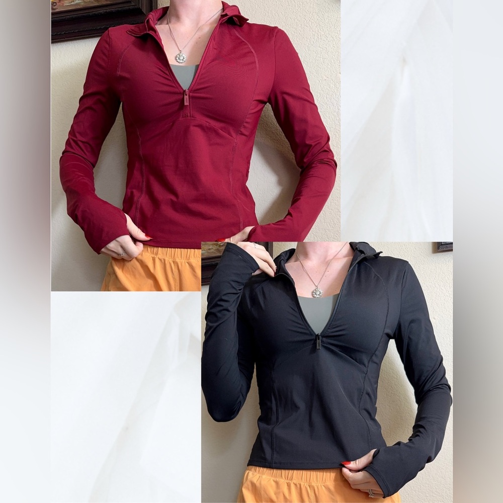 PINK VS long Sleeve 1/4 Zip Up Mock Neck Cropped Top Maroon Red S